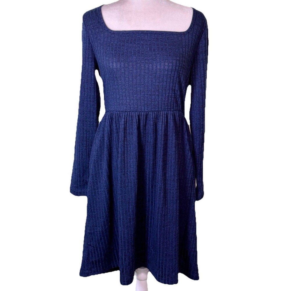 Women’s Ribbed Knit‎ Cozy Sweater Dress Soft Girl Babydoll Square Neck Sz Lg NEW